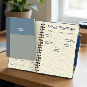 Open 2026 planner showing business and holiday notes for October, November, and December in French